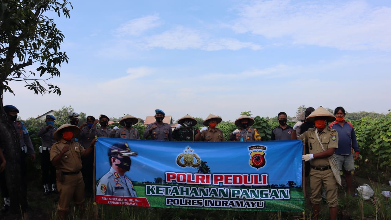 Peduli Ketahanan Pangan, Polres Indramayu Melaksanakan Pengolahan Tanah Bersama Warga Tukdana