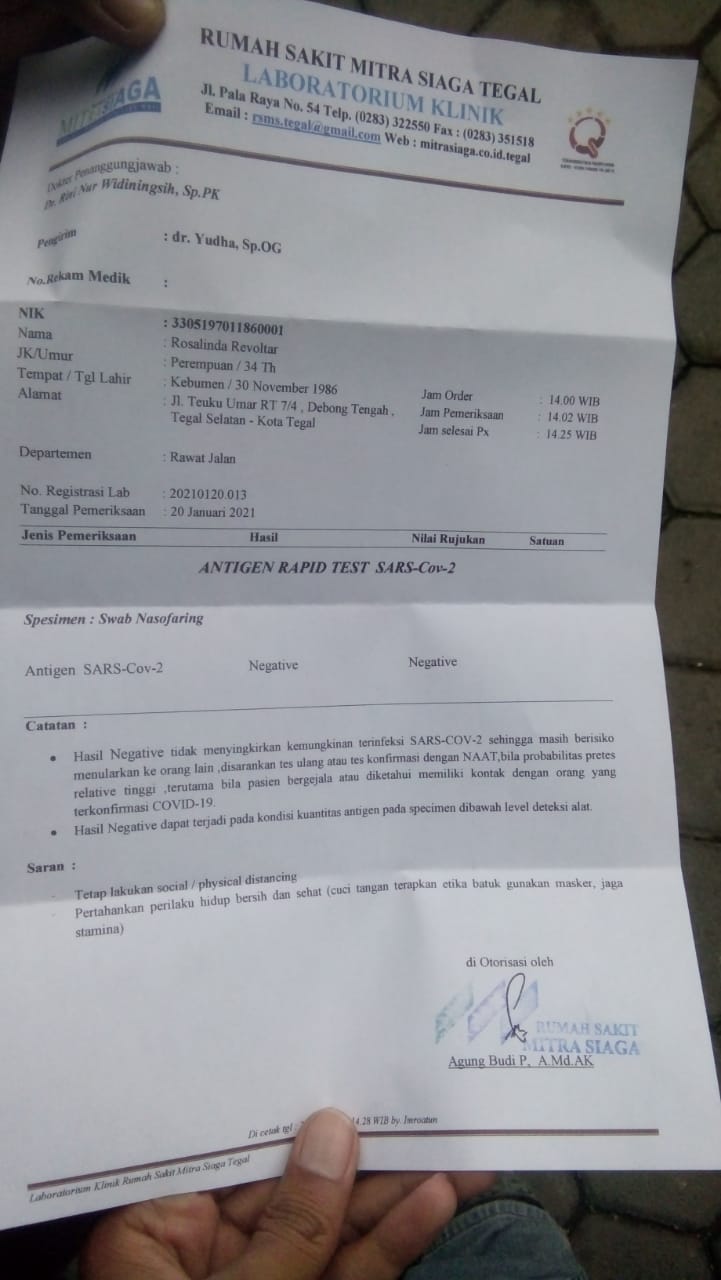 Warga Tegal Pertanyakan Keakuratan Hasil Rapid Test Covid19 Di RSUD Kardinah