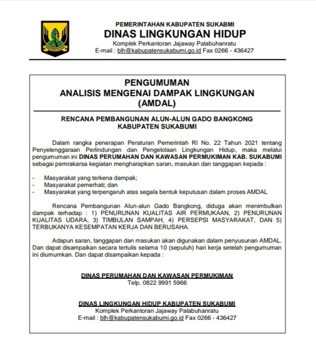 Pengumuman AMDAL Rencana Pembangunan Alun-Alun Gado Bangkong Kabupaten Sukabumi