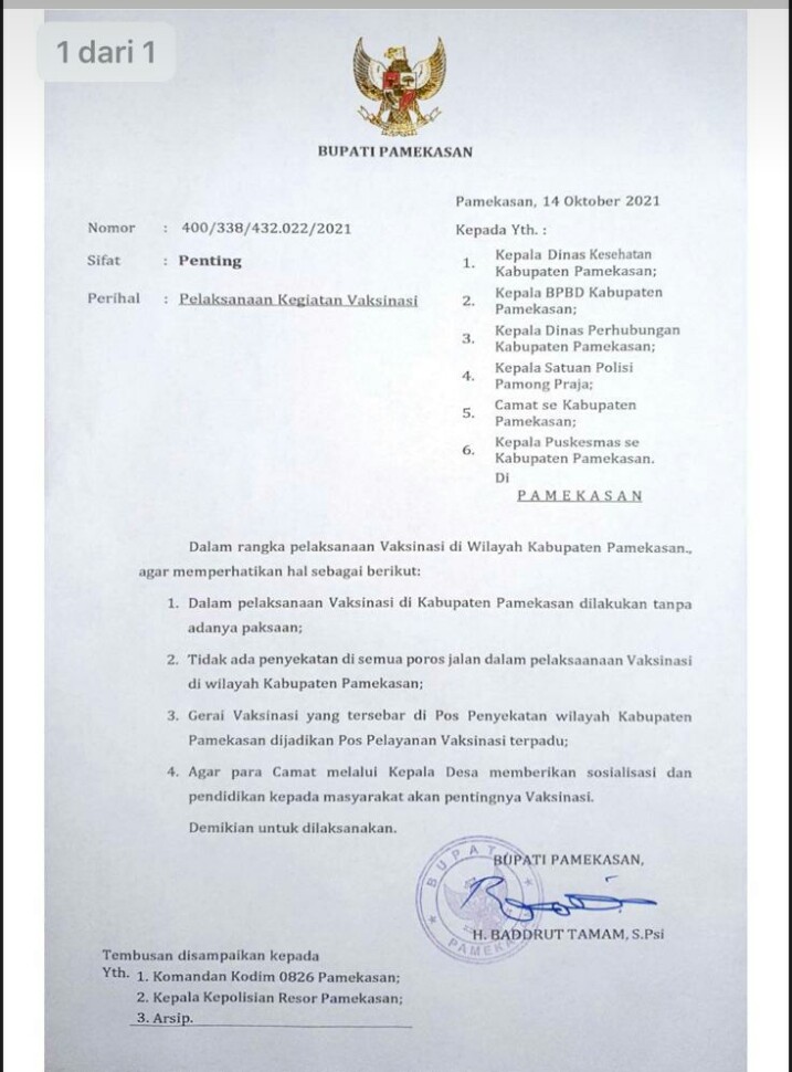 Pemkab Pamekasan Terbitkan Surat Edaran Kepada Petugas Agar Tidak Ada Paksaan Dalam Vaksinasi