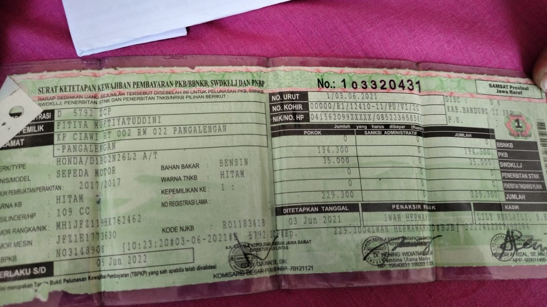 Fitiya Muftiyatuddin Kehilangan STNK Motor D1B02N26L2 A/T (Next Beat) di Wilayah Pangalengan. Bagi yang Menemukan Diharap Hubungi No Dibawah
