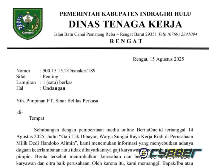 Terkait Dugaan Kerja Rodi di Perusahaan Milik Dedi Handoko Alimin, Disnaker Inhu Surati PT SBP