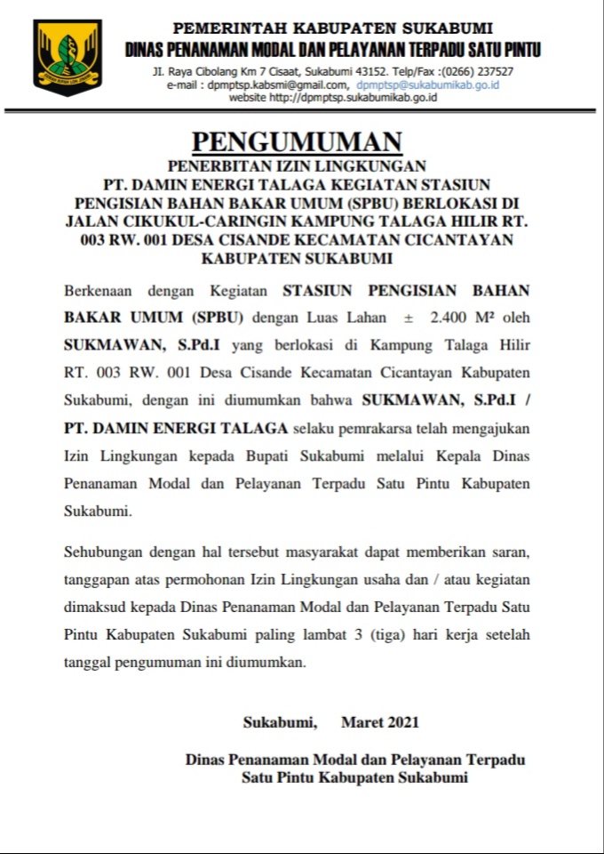 DPMPTSP Kabupaten Sukabumi Terbitkan Izin Lingkungan SPBU di Jalan Cikukul-Caringin