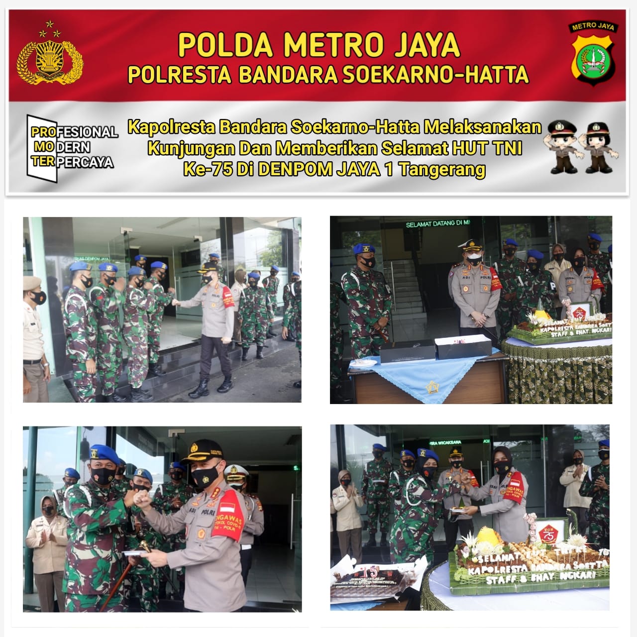 Hut Tni ke 75, Polresta Bandara Soetta Berikan Kejutan Denpom Jaya 1 Tangerang dan Yonif 203