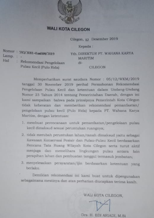 Rekomendasi Walikota Cilegon Terkait Pengelolaan Pulorida ke PT.WKM, di Pesoalkan BALHI.