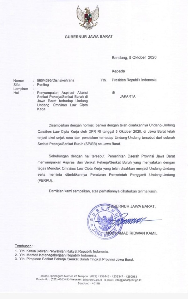 Gubernur Jawa Barat Surati Presiden Jokowi Terkait Undang-Undang Omnibus Law