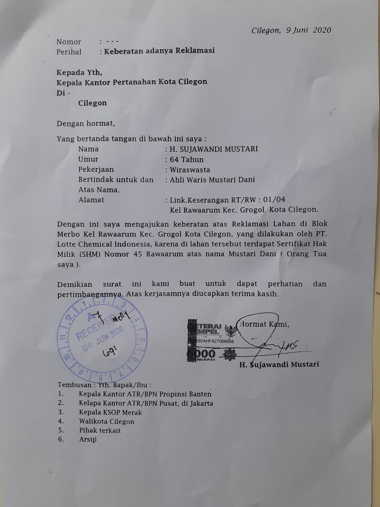 Pengukuran Hasil Reklamasi PT.LCI di Atas Seritifikat Hak Milik Masyarakat, BPN kota Cilegon DiSurati Ahli Waris