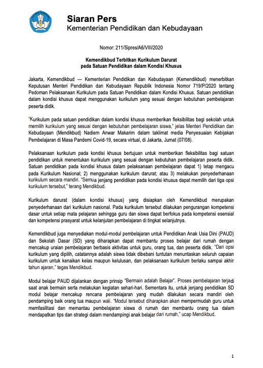 Kemendikbud Terbitkan Kurikulum Darurat pada Satuan Pendidikan dalam Kondisi Khusus