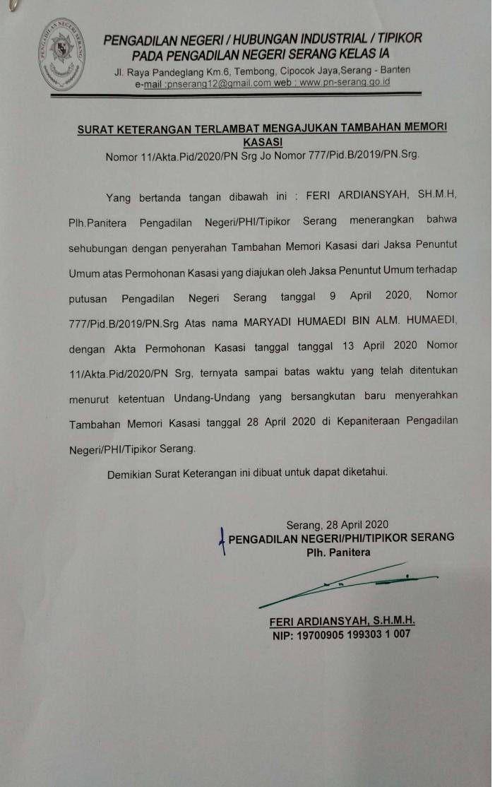 Surat Keterangan dari Pengadilan Negeri Serang Terkait Memori Kasasi Kasus Bebas Murni MH di Pertanyakan