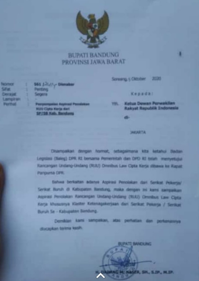 Bupati Bandung Layangkan Surat Penolakan RUU Omnibus Law Cipta Kerja
