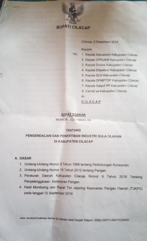 Pemda Kab.Cilacap Tertibkan Olahan Gula Merah Yang Di Duga Terkontaminasi Bahan Kimia