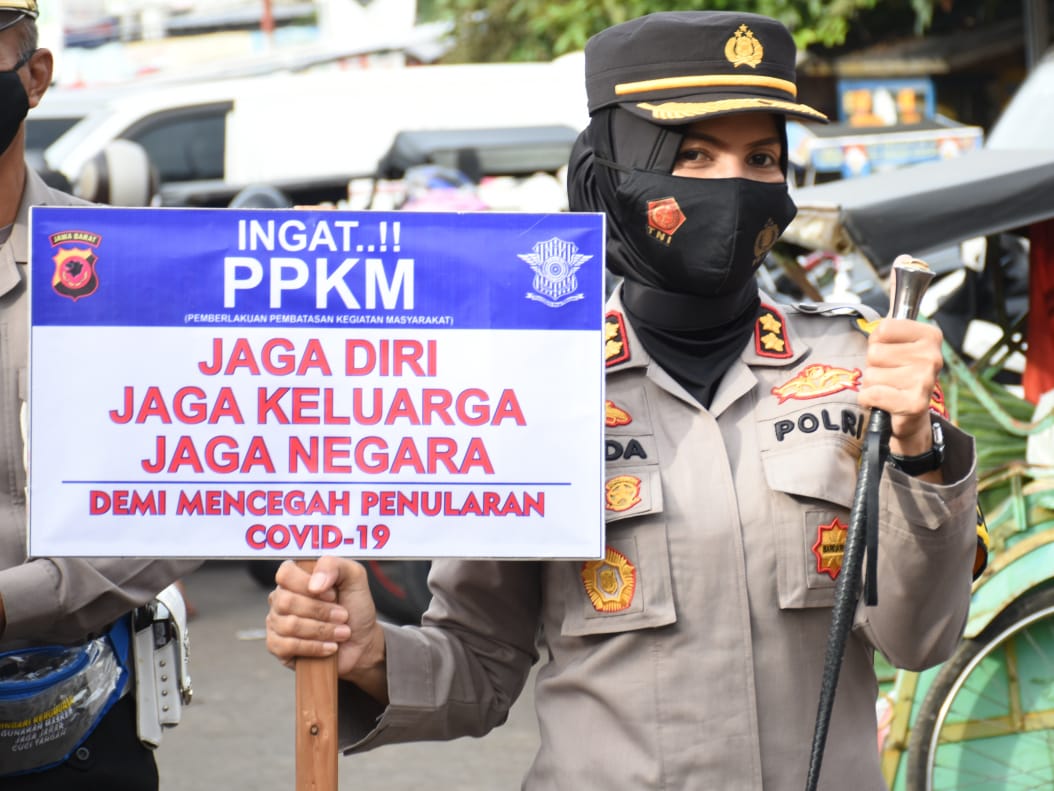 Kapolres Banjar Polda Jabar Sampaikan Sosialisasi PPKM di Sekitar Pasar Kota Banjar Gunakan Alat Peraga