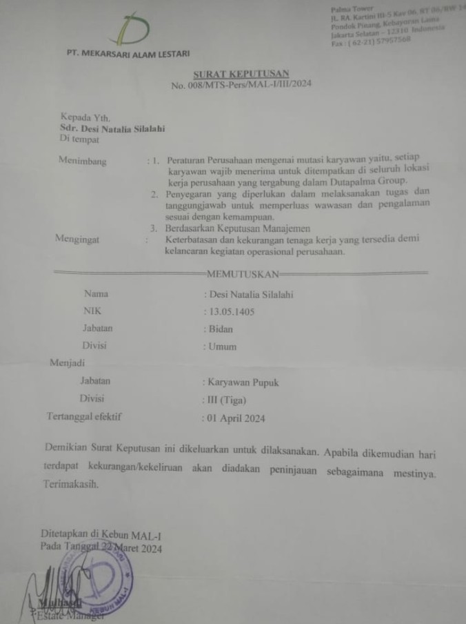 PT. MAL Dinilai Diskriminasi Dengan Memutasi Bidan Menjadi Karyawan Pupuk
