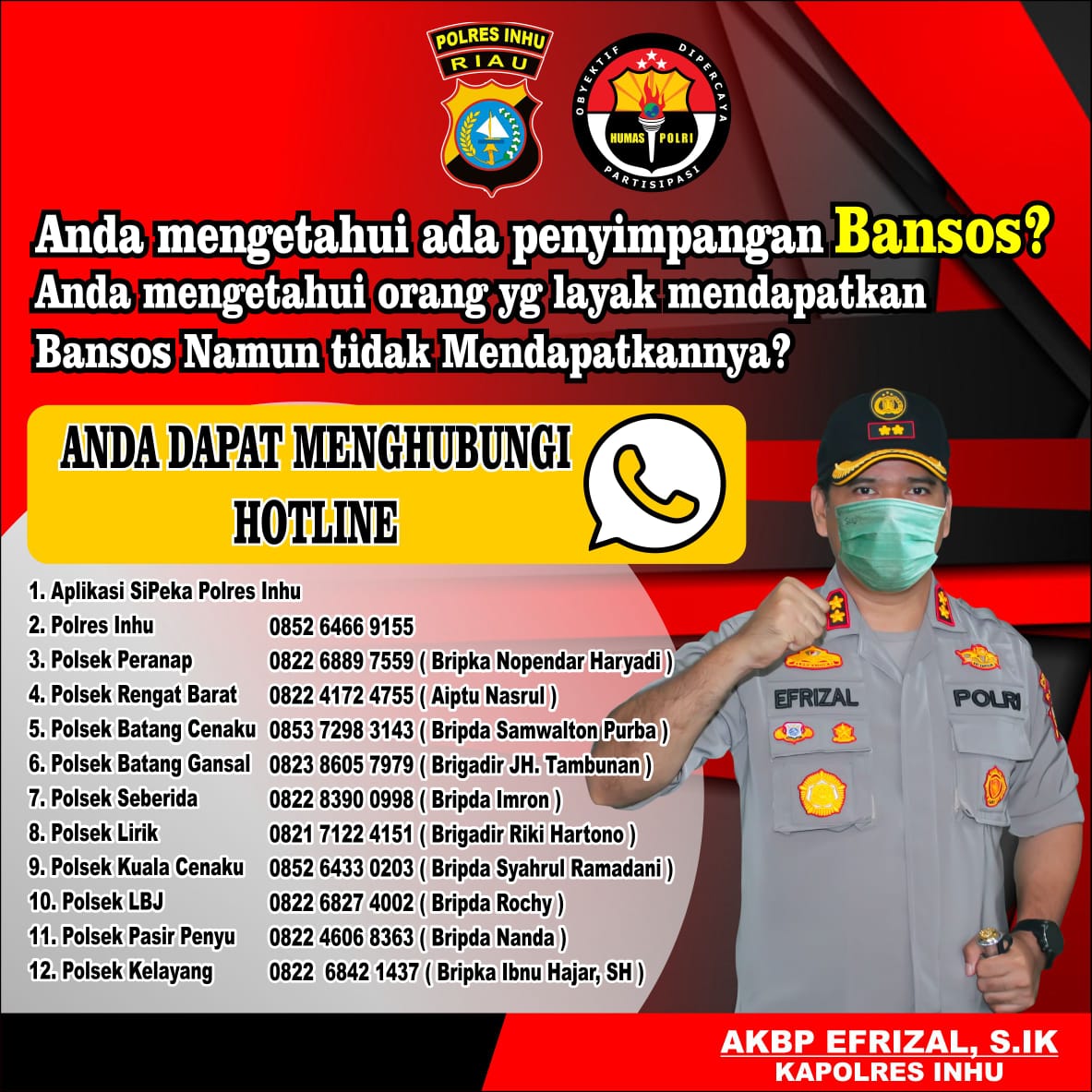 Polres Inhu Sediakan Hotline untuk Pelapor Jika Ada Penyimpangan Bansos