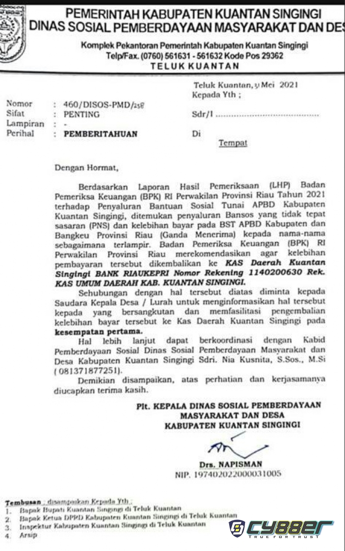 Nama ASN dan Nama Ganda Penerima BST di Kuansing Dipertanyakan BPK RI 
