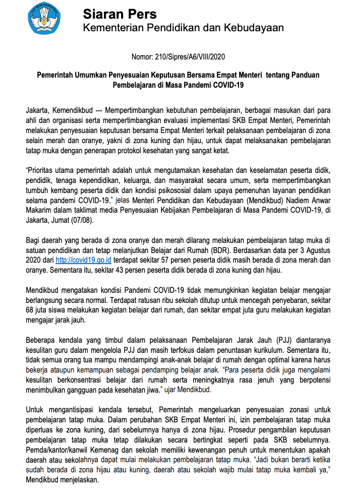 Pemerintah Umumkan Penyesuaian Keputusan Bersama Empat Menteri tentang Panduan Pembelajaran di Masa Pandemi COVID-19