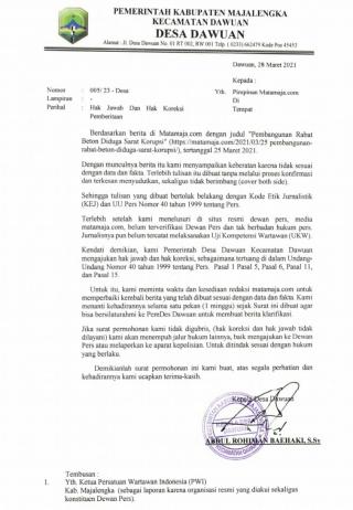 Tak Terima Hasil Pekerjaan yang Disoal Warga Diberitakan, Pemdes Dawuan Majalengka Layangkan Surat Pada Pimpinan Media