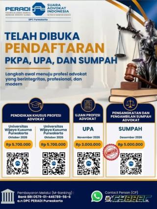 DPC PERADI SAI Purwokerto Buka Pendaftaran PKPA, UPA, dan Sumpah Advokat 2026