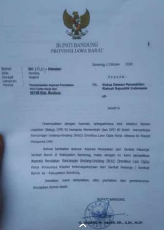 Bupati Bandung Layangkan Surat Penolakan RUU Omnibus Law Cipta Kerja