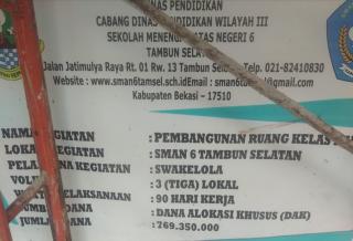 Dituding Proyek Tanpa RAB, Pembangunan RKB SMAN 6 Tambun Selatan Disoal