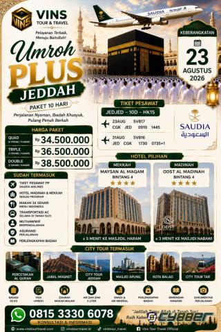 VINS Tour & Travel Buka Program Umroh Plus Jeddah 10 Hari, Berangkat 23 Agustus 2026