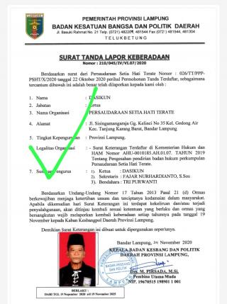Kesbangpol : Kepengurusan Dasikun dari PSHT Pengurusan M. Taufik SH MH terdaftar dipropvinsi lampung Berdasarkan Legalitas