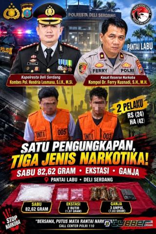 Polresta Deli Serdang Ungkap Kasus Narkotika, Amankan pengedarnya beserta  82,62 Gram Sabu, Ekstasi dan Ganja