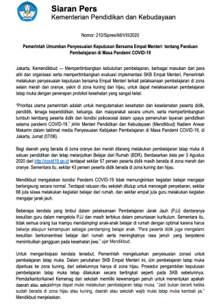 Pemerintah Umumkan Penyesuaian Keputusan Bersama Empat Menteri tentang Panduan Pembelajaran di Masa Pandemi COVID-19